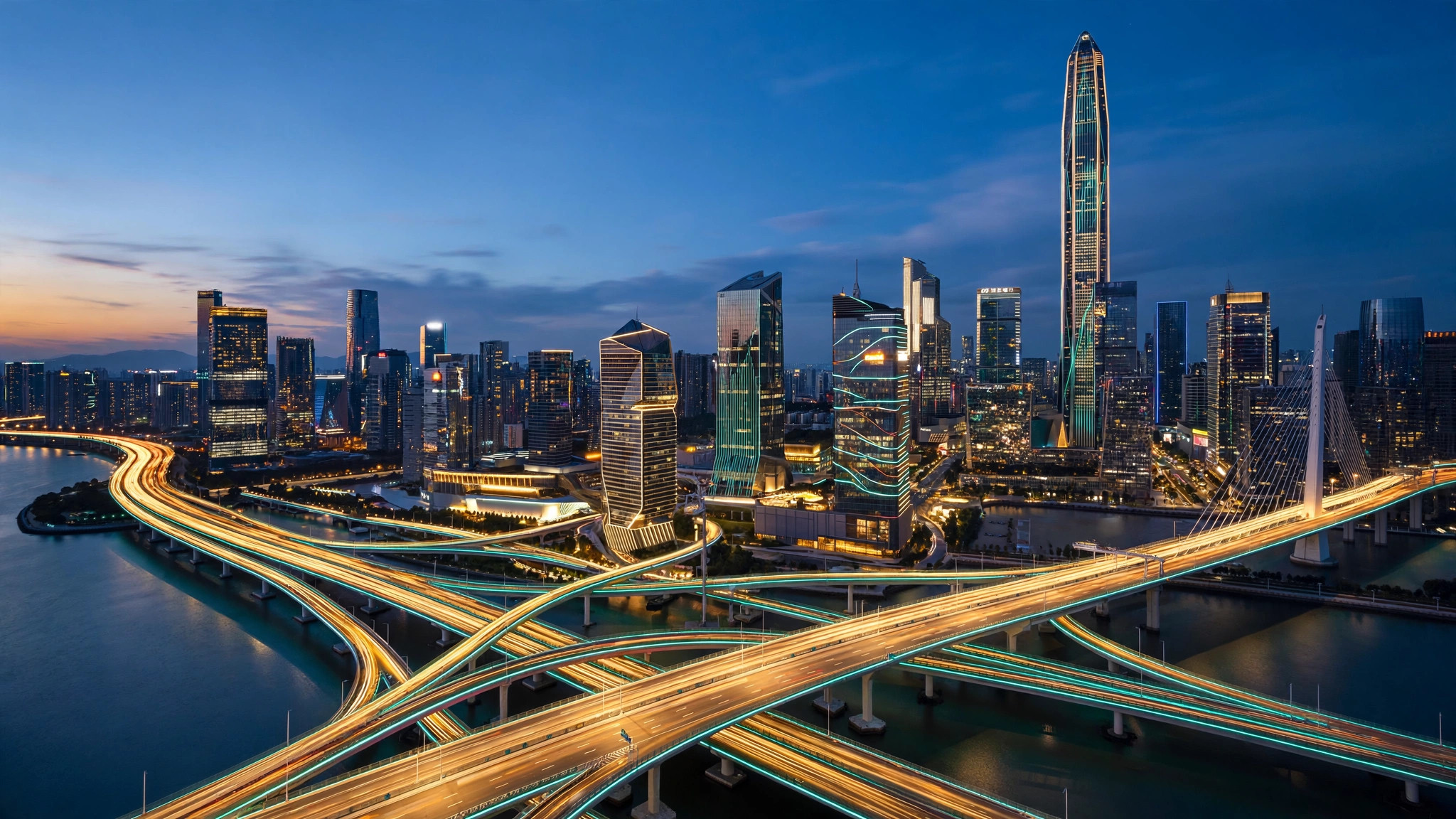 Shenzhen Bay skyline at dusk — futuristic towers, a cable-stayed bridge and electric traffic light trails over the water